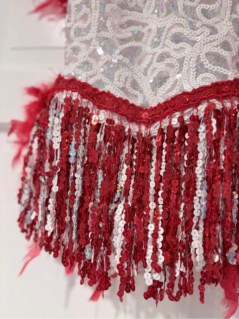 Red White Sequin Fringe Feather Dance Costume Child Small
